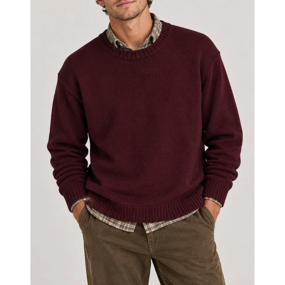 WoolOvers Mens Large 100% Wool Crewneck Sweater Burgundy Chunky Knit Vtg G1MT